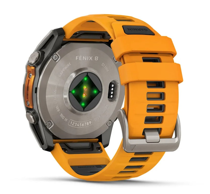 Garmin fenix 8 GPS Watch 51 mm Sapphire, Titanium with Spark Orange/Graphite Silicone Band