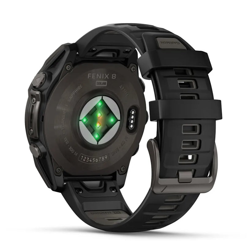 Garmin fenix 8 GPS Watch 47 mm, Solar, Sapphire, Carbon Gray DLC Titanium with Black/Pebble Gray Silicone