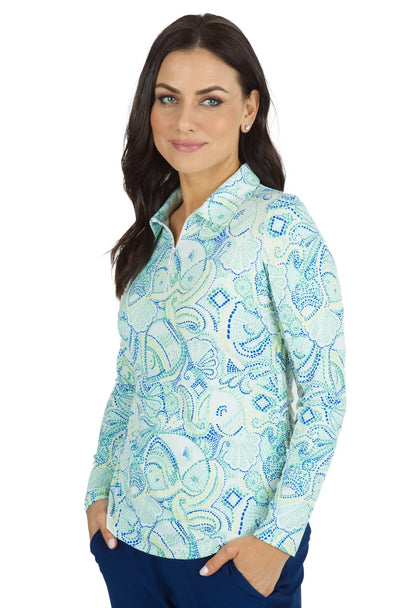 IBKUL Women's Mariel Print Adjustable Long Sleeve Zip Polo - 48483