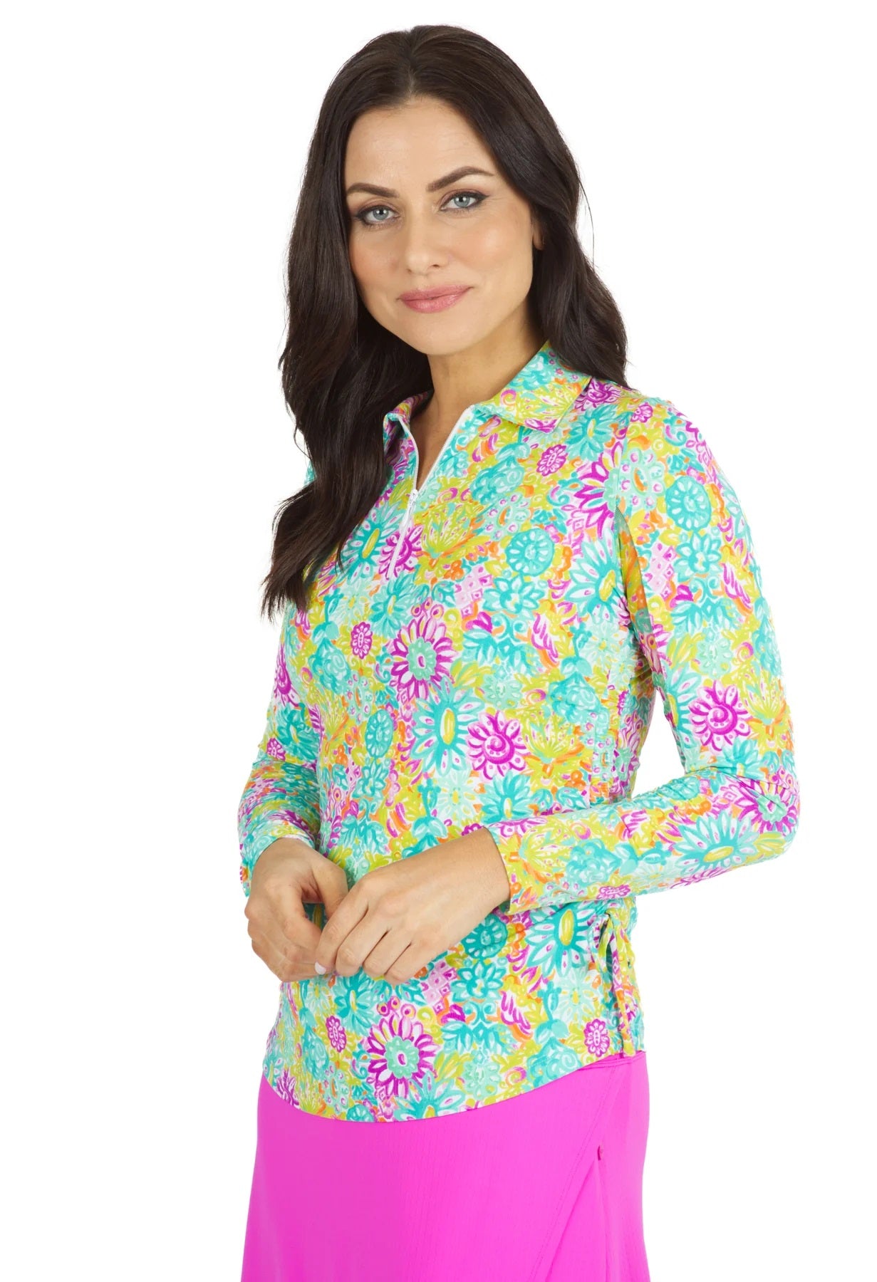 IBKUL Women's Lilli Print Adjustable Long Sleeve Zip Polo - 48488
