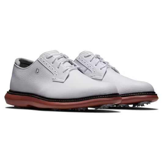 FootJoy Mens Traditions Blucher Cleated Golf Shoes - White/White/Brick