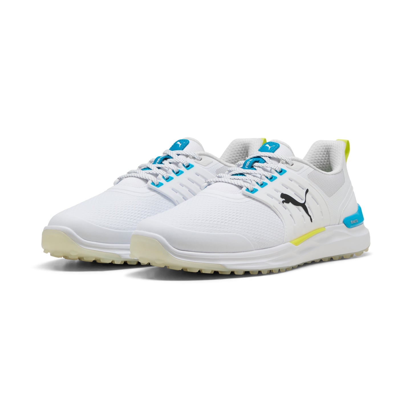 Puma Men's Ignite Elevate 2 Wide Spikeless Golf Shoes - White/Speed Blue/Apple Spritz