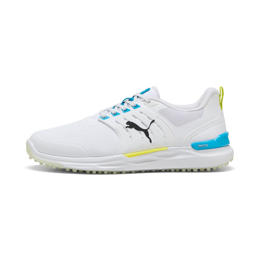 Puma Men's Ignite Elevate 2 Wide Spikeless Golf Shoes - White/Speed Blue/Apple Spritz
